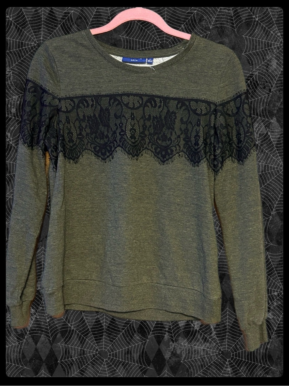 Apt. 9 Olive Green Sweatshirt with Black Lace - size M